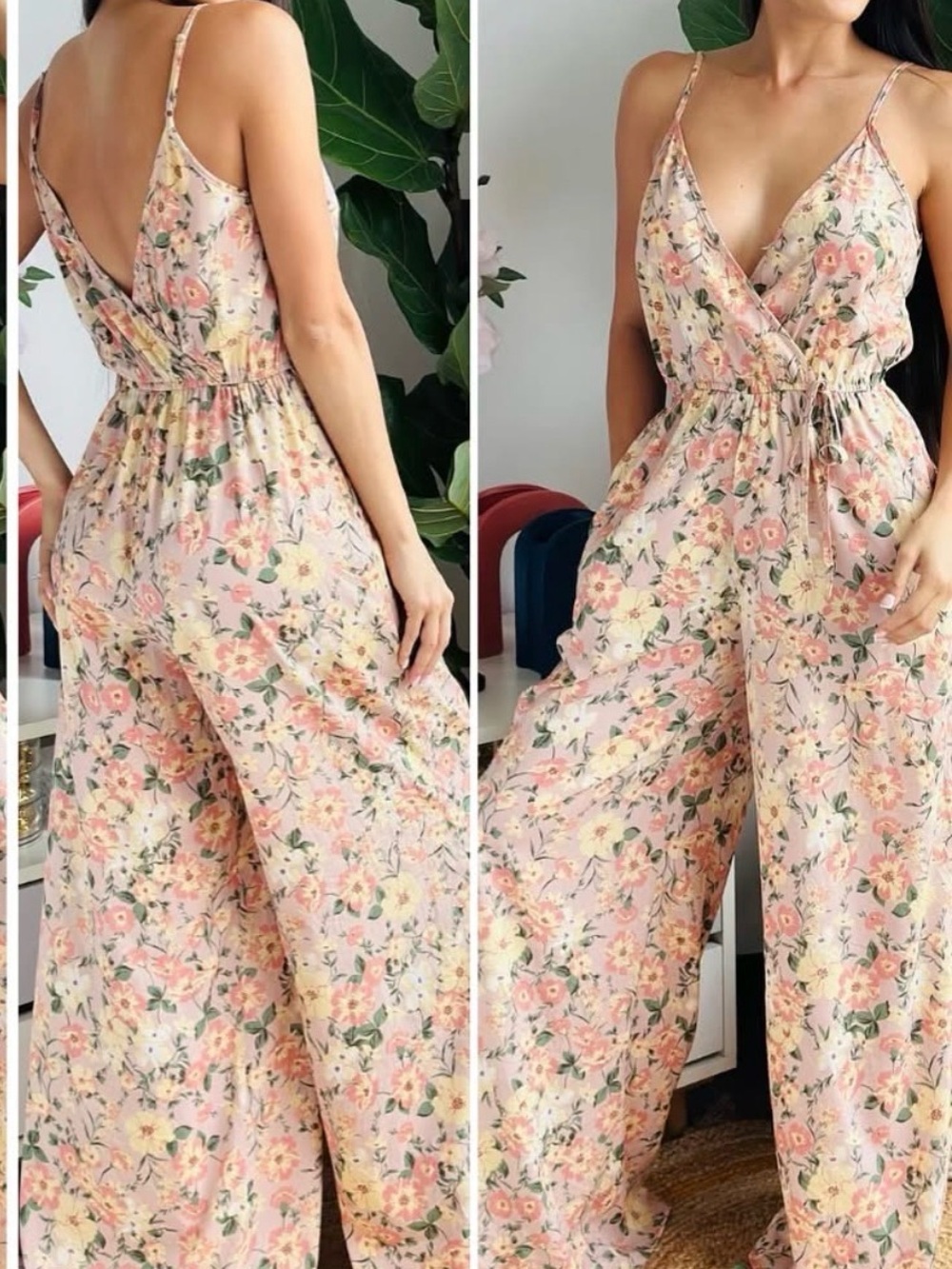 Pink Floral Wide-Leg Spaghetti-Strap Jumpsuit